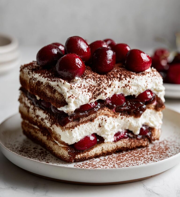 black forest tiramisu with fresh cherries