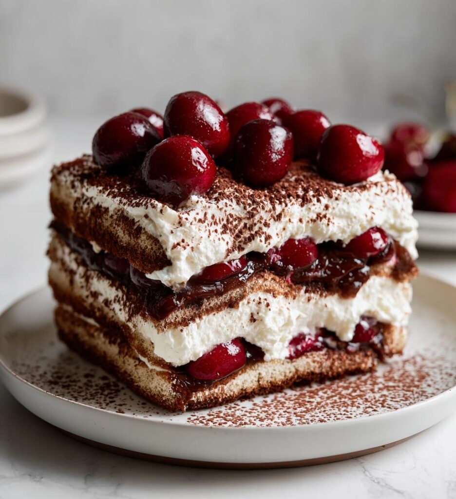 black forest tiramisu with fresh cherries
