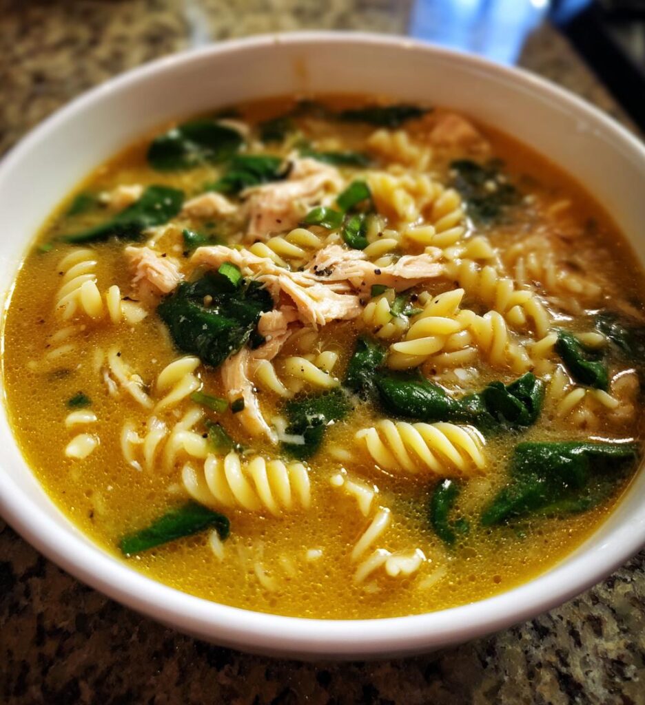 creamy chicken soup with pasta and spinach