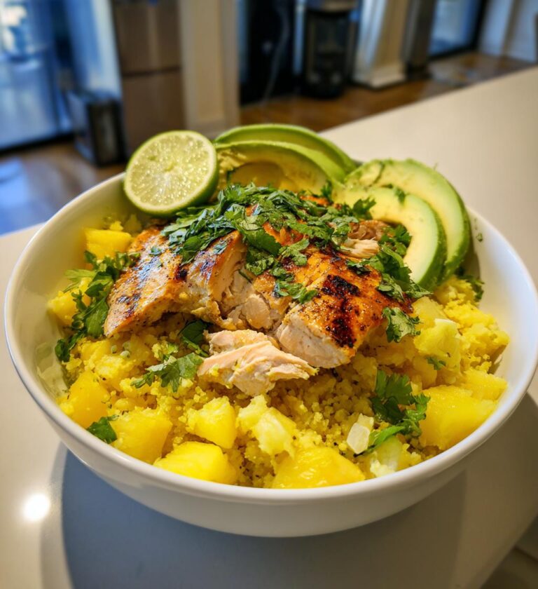 fish taco bowl with pineapple lime cauliflower rice