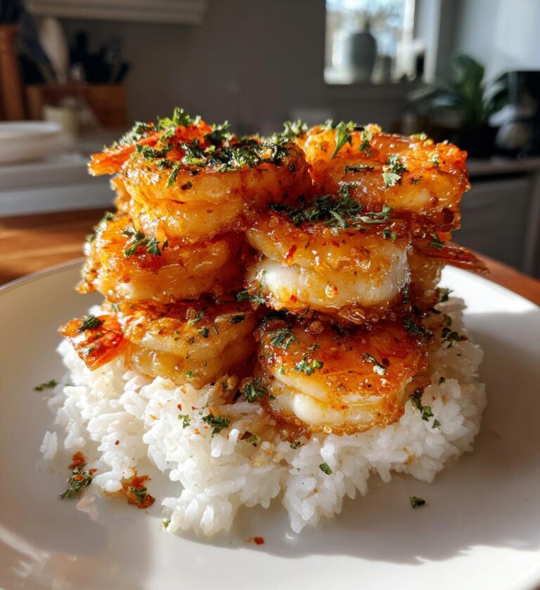 garlic butter shrimp and rice stack