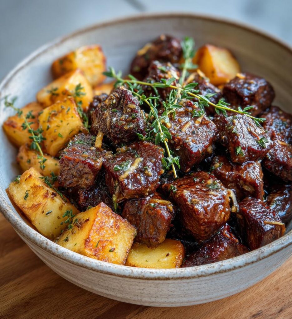 garlic butter steak bites and potatoes
