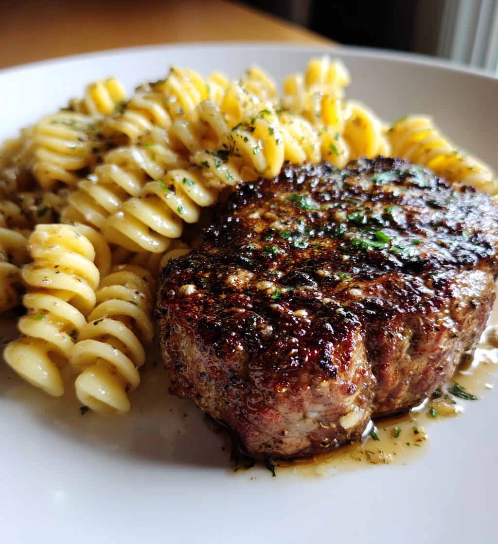 garlic butter steak with creamy parmesan rigatoni