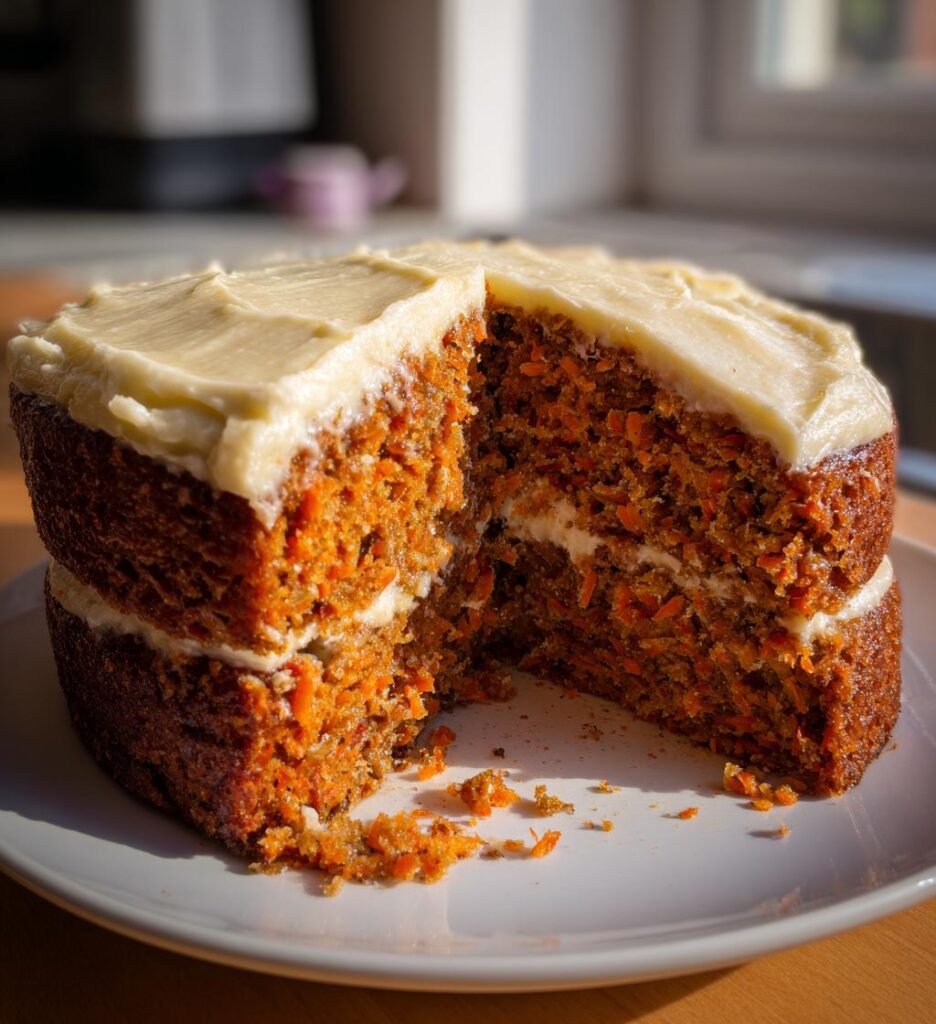 homemade carrot cake with creamy cheese frosting