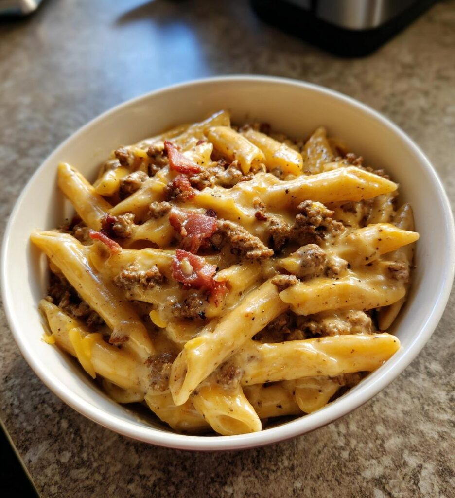 loaded bacon cheeseburger alfredo pasta