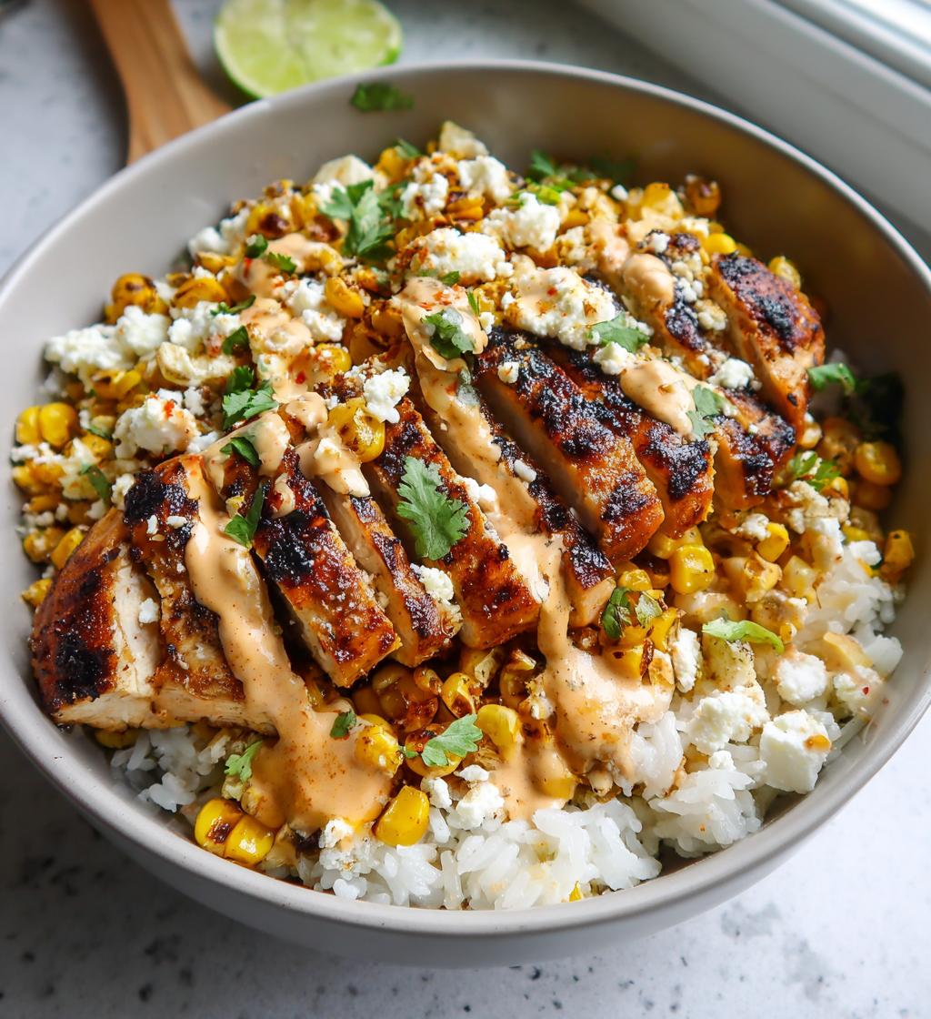 loaded street corn chicken rice bowl
