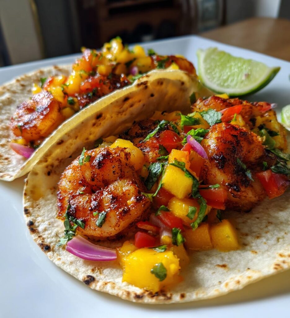 spicy shrimp tacos with mango salsa