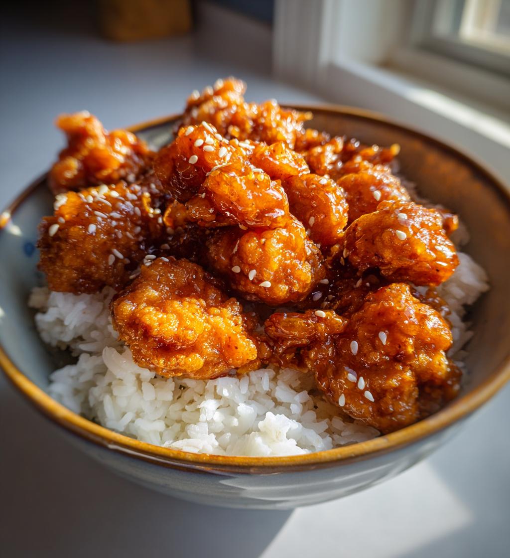 sticky korean fried chicken and rice bowls