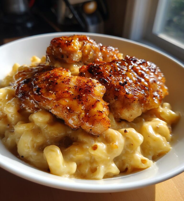 sweet and spicy honey pepper chicken with creamy macaroni cheese