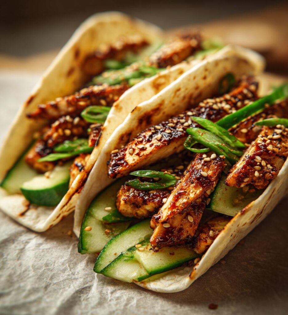 teriyaki chicken tacos with cucumber